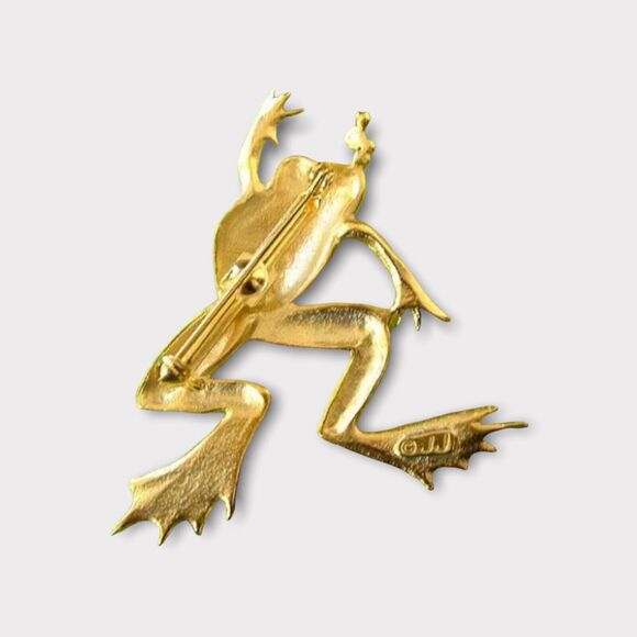 New Jonette Signed JJ Signed Gold Leaping Frog Bullfrog Froggie Frog Pin Brooch - Picture 2 of 2